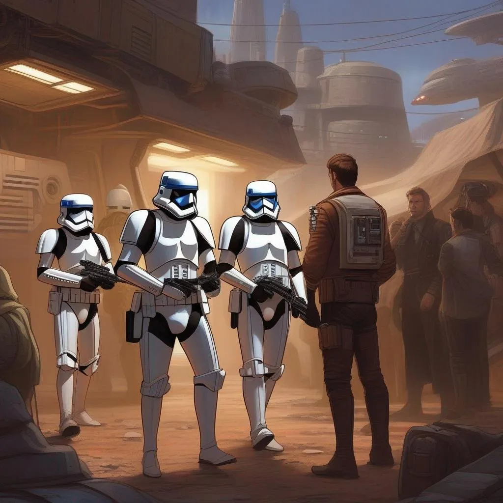 Prompt: a squad of star wars stormtroopers arresting a man with brown pompadour undercut starship captain leather jackett. In background a scifi slum. Star wars art. rpg. rpg art. 2d art. 2d.