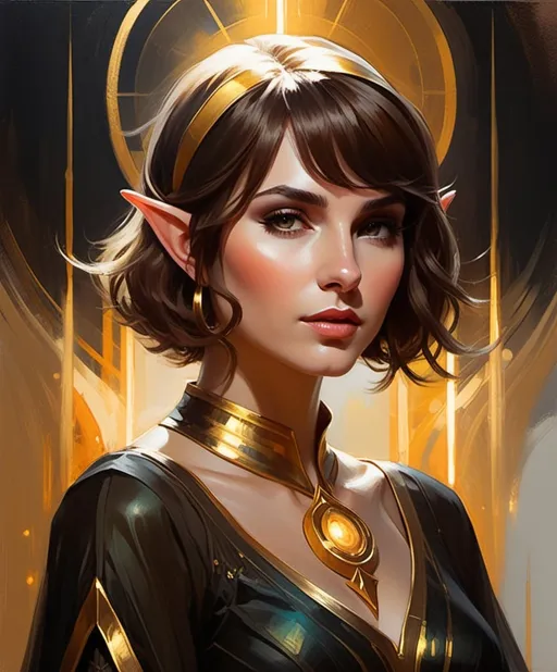 Prompt: the elf queen with short brown messz bob cut, in the style of layered gestures, god rays, dark gold and black, atmospheric color washes, john larriva, spiritualcore, religious themes, Heliocentric
