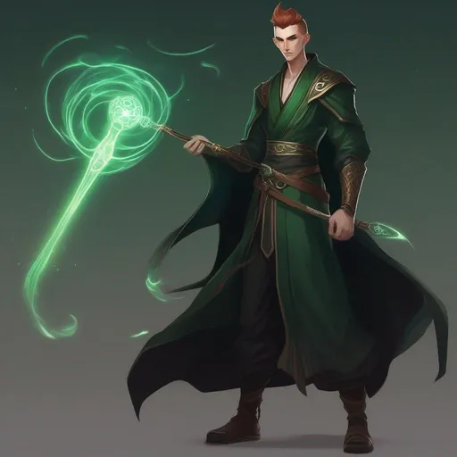 Prompt: A tall huge slender male mage in dark green robes with runes, with very short extremely deep dark brown slicked back pompadour undercut with dark ginger highlights and shaved sides, very pale milky skin. He fights with a magic staff and creates magical electric flares, potions on his belt, soft feminine body features. Smooth skin, detailed, well drawn face. Rpg art. 2d art. 2d.