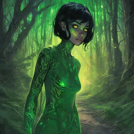 Prompt: a beautiful green skinned girl, black short hair, big yellow glowing eyes, huge long big hooked aquiline arabian nose, green skin, with entirely emerald skin colour, black T-shirt , standing in a forest at night, fear , biomorphic , muted pastel colors palette, by  Callie Fink, SIYA OUM, GIGER, Datamoshing , Vaporware, ink wash painting, aesthetic , centered, 16k, HQ, perspective ,insanely detailed and intricate, hyper realistic, cgsociet, dynamic pose