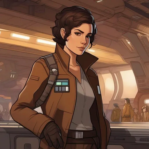 Prompt: From distance. Whole body, full figure. A young female smuggler with deep brown hair, very short pixie undercut. She wears a brown pilot coat and has a holster on her right leg. In background a noisy scifi cantina. Star wars art. 2d art. 2d. well draw face. detailed.