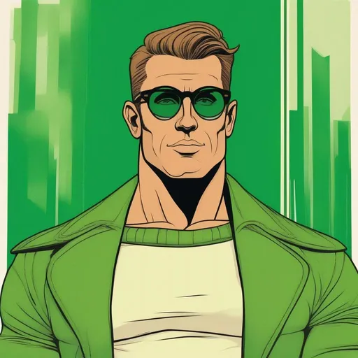 Prompt: A silkscreen comic book illustration, tall muscular bulky caucasian male sorcerer, wearing mage mantle, suideburns, very short brown slicked back pompadour undercut hair with shaved sides:vistani, wearing (round glasses), green sunshades with round emerald lenses, green (round) sunglasses, dark female makeup, melancholic, in a forest on a dark foggy night, big sad slant brown eyes, pale milky skin:2, waxing moon, round shaven face, broad cheeks, ethereal, trimmed face, highres, realistic, highly detailed, fantasy, european, irish, 1960s Soviet Retrofuturism , art neuveau, Hannes bok,