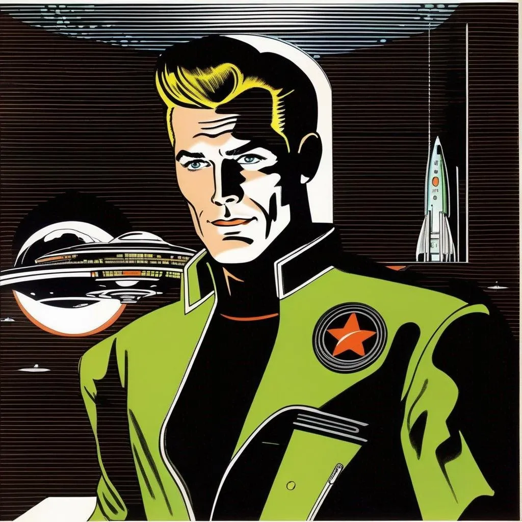 Prompt: Silk screen comic book illustration, of a muscled male with brown pompadour undercut, retro futuristic starship captain, green glowing eyes, smirking, black futuristic leather jackett, on smoky background, docking station, inside of a spaceship,  Well drawn face, detailed face,  1960s Soviet retrofuturism, 