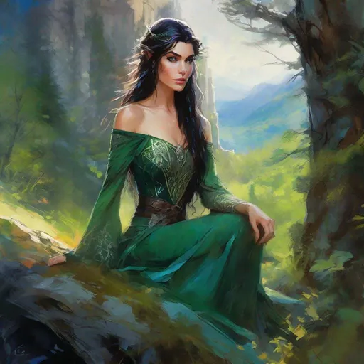 Prompt: fantasy book cover, a black haired elven princess with auburn streaks in her hair, elf fae, tall and willowy and pretty, soft freckles, big large green eyes, pointed ears, intricate blue and green gown, pointy elvish ears, iron palace gray metal, landscape beautiful pine forest, Carne Griffiths, Michael Garmash, Frank Frazetta, Castle Background, Victo Ngai, Detailed, Vibrant, Sharp Focus, Character Design, Wlop, Kuvshinov, Character Design, TXAA, 32k, Highly Detailed, Dynamic Pose, Intricate Motifs, Organic Tracery, Perfect Composition, Digital Painting, Artstation, Smooth, Sharp Focus, Illustration, hyperdetailed, greg rutkowski