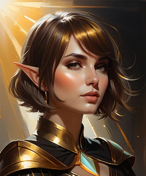 Prompt: the elf queen with short brown messz bob cut, in the style of layered gestures, god rays, dark gold and black, atmospheric color washes, john larriva, spiritualcore, religious themes, Heliocentric