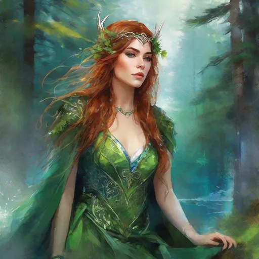 Prompt: fantasy book cover, a bright chesnut haired elven princess with dark auburn streaks in her very short messy wavy bob haircut, elf fae, tall and willowy and pretty, soft freckles, big large green eyes, pointed ears, intricate blue and green gown, pointy elvish ears, iron palace gray metal, landscape beautiful pine forest, Carne Griffiths, Michael Garmash, Frank Frazetta, Castle Background, Victo Ngai, Detailed, Vibrant, Sharp Focus, Character Design, Wlop, Kuvshinov, Character Design, TXAA, 32k, Highly Detailed, Dynamic Pose, Intricate Motifs, Organic Tracery, Perfect Composition, Digital Painting, Artstation, Smooth, Sharp Focus, Illustration, hyperdetailed, greg rutkowski