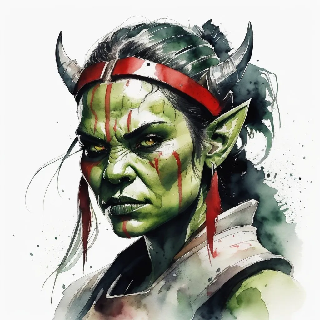 Prompt: Ultra realistic photo portrait of a female orc warrior in watercolor style, minimalist, elegant, white background, black lines, green shades, red tones, thick bold Rotring lines, capturing strength and fantasy, powerful and artistic portrayal, focusing entirely on the character, no additional elements, watercolor illustration.