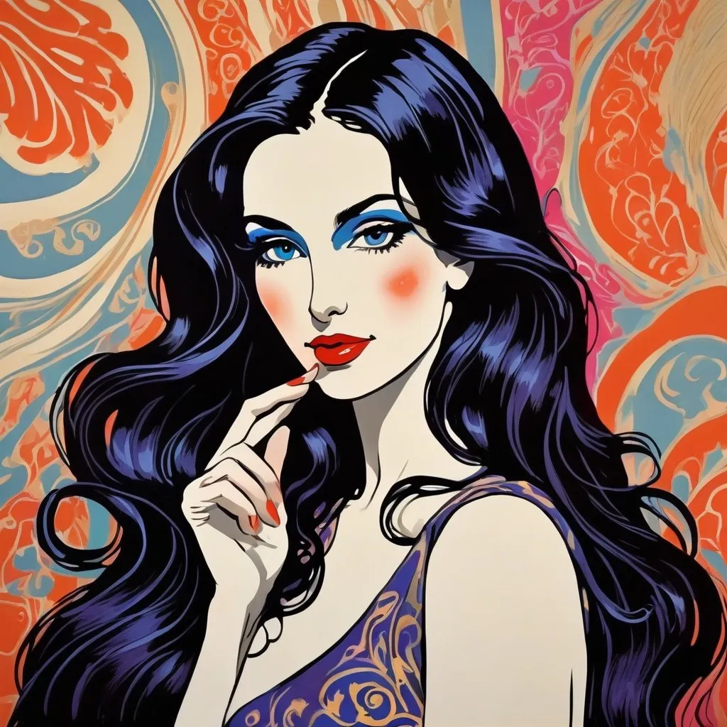 Prompt: Luxurious imperatrice, neo-fauvist screenprint. armeinian buxom female with huge big long hooked aquiline arabian nose, long black wavy hair, Beautiful, extremely detailed 