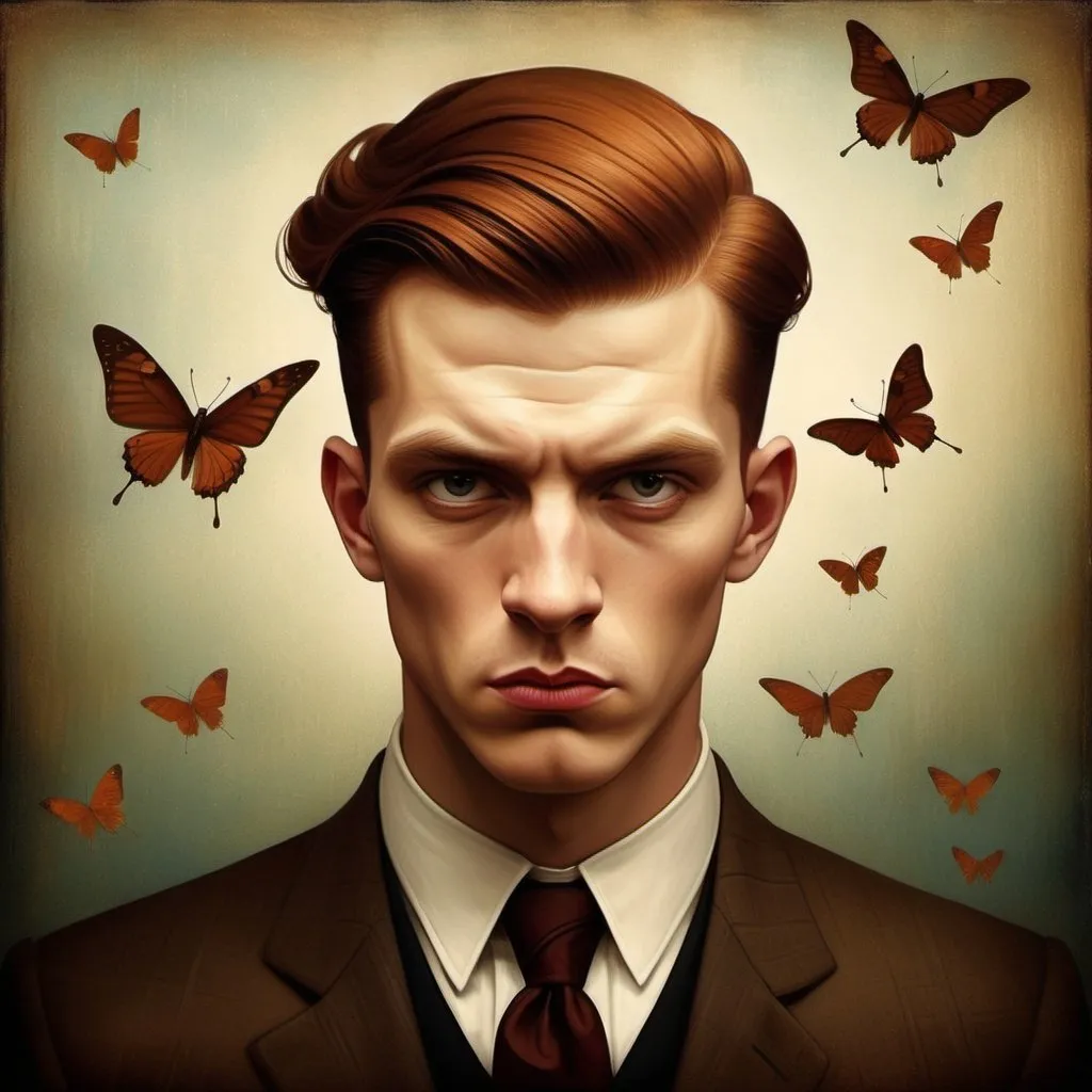 Prompt: What lies beneath my scarry thoughs, the insecurities obscured by the beautiful face, the beauty varnish that others see and it's not all, a dark chesnut haired masculine manly male man with very short slicked back pompadour undercut hair, art by Christian Schloe, Gabriel Pacheco