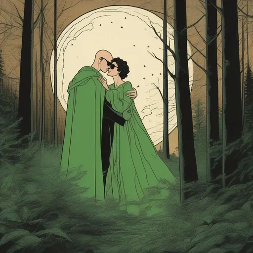 Prompt: A silkscreen comic illustration of a caucasian male sorcerer wearing  green round sunglasses and mantle, has with freckles and bald head:vistani, melancholic, in a forest on a dark foggy night, hugging a woman with short brown wavy pixie hair, bid sad slant brown eyes, pale milky skin:2, waxing moon, round shaven face, broad cheeks, 1960s Soviet Retrofuturism,