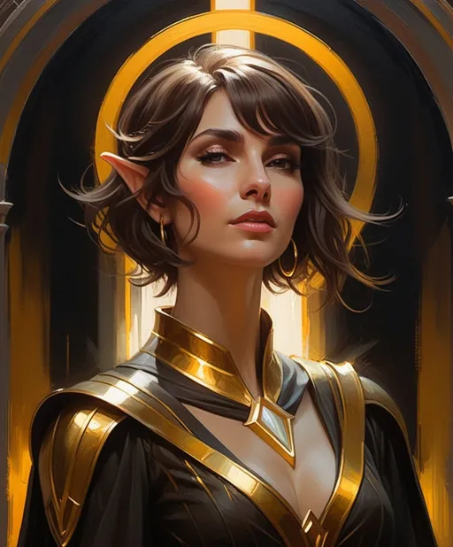Prompt: the elf queen with short brown messz bob cut, in the style of layered gestures, god rays, dark gold and black, atmospheric color washes, john larriva, spiritualcore, religious themes, Heliocentric
