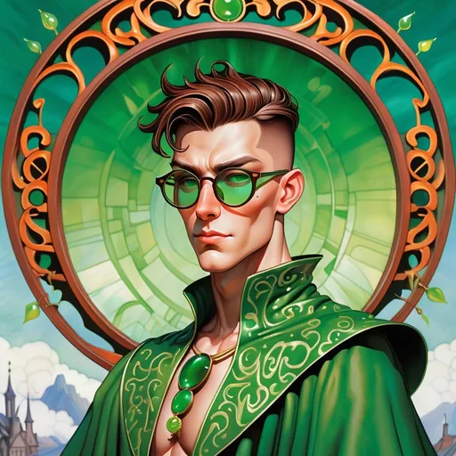 Prompt: a dynamic full body portrait of an irish adult beautiful handsome brown haired man, very short slicked back pompadour undercut with shaved sides and chestnut wisps, wearing a sorcerer mantle and round glasses, green mirror shades with emerald lenses round face, broad cheeks, muscular, intricate, sharp focus, in the style of Ivan Bilibin, Ernst Haeckel, Daniel Merriam, watercolor and ink