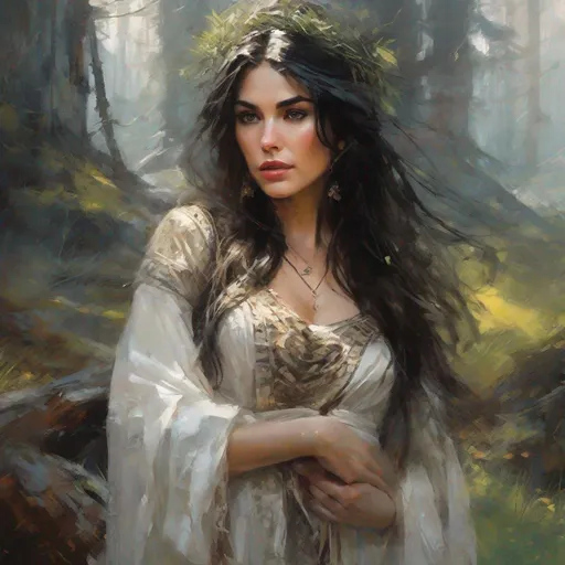 Prompt: fantasy book cover, a black haired pale gipsy buxom woman with long wavy messy hair, which, tall and willowy and pretty, soft freckles, priestess, mother, big large brown eyes, pregnant, enchantress, intricate brown and white dress, wearing old attire, iron palace gray metal, landscape beautiful pine forest, Carne Griffiths, Michael Garmash, Frank Frazetta, Castle Background, Victo Ngai, Detailed, Vibrant, Sharp Focus, Character Design, Wlop, Kuvshinov, Character Design, TXAA, 32k, Highly Detailed, Dynamic Pose, Intricate Motifs, Organic Tracery, Perfect Composition, Digital Painting, Artstation, Smooth, Sharp Focus, Illustration, hyperdetailed, greg rutkowski