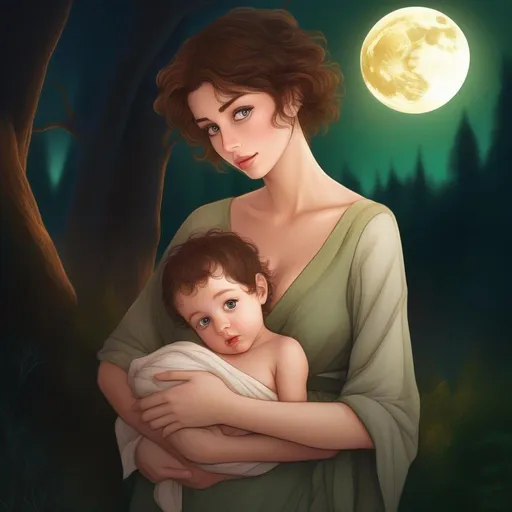 Prompt: highest quality anime art masterpiece, digital drawing, caucasian woman with very short brown thick wavy messy pixie hair:vistani, carrying a bald newborn baby boy in her arms, sad, in a forest on a dark foggy night, big green eyes, tanned skin:2, waxing moon, huge long wide broad hooked greek aquiline algerian oriental arabic nose, flat chest, ethereal, jewelry set, highres, realistic, highly detailed, fantasy, gypsy, roma, D&D, Ravenloft, by Ilya Kuvshinov