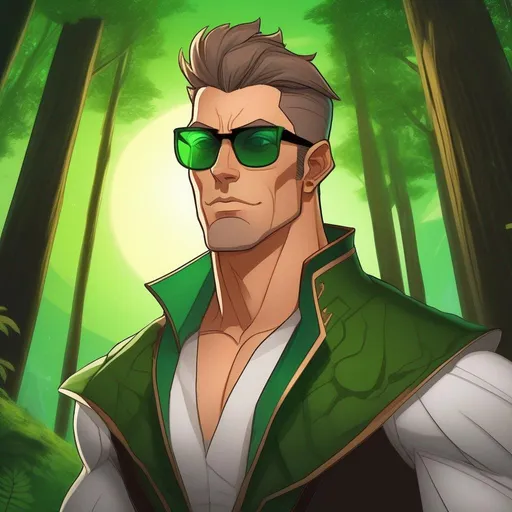 Prompt: highest quality anime art masterpiece, digital drawing, tall muscular bulky caucasian male sorcerer, wearing mage mantle, suideburns, very short brown slicked back pompadour undercut hair with shaved sides:vistani, wearing round glasses, green shades with emerald lenses, green round sunglasses, dark female makeup, melancholic, in a forest on a dark foggy night, big sad slant brown eyes, pale milky skin:2, waxing moon, round shaven face, broad cheeks, ethereal, trimmed face, highres, realistic, highly detailed, fantasy, european, irish, D&D, Ravenloft, by Ilya Kuvshinov