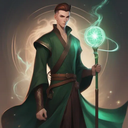 Prompt: A tall slender male mage in dark green robes with glyphs, with very short extremely deep dark brown slicked back pompadour undercut with dark ginger highlights and shaved sides, very pale milky skin. He fights with a magic staff and casts magic spells, potions on his belt, soft feminine body features. Smooth skin, detailed, well drawn face. Rpg art. 2d art. 2d.