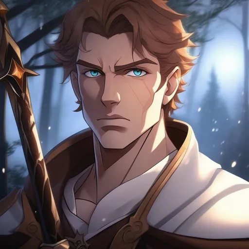 Prompt: close up, highest quality anime art masterpiece, digital drawing, tall muscular bulky caucasian male sorcerer with a staff wearing mantle, with freckles very short brown slicked back pompadour undercut hair with shaved sides:vistani, melancholic, in a forest on a dark foggy night, big sad slant brown eyes, pale milky skin:2, waxing moon, round shaven face, broad cheeks, ethereal, trimmed face, highres, realistic, highly detailed, fantasy, european, irish, D&D, Ravenloft, by Ilya Kuvshinov