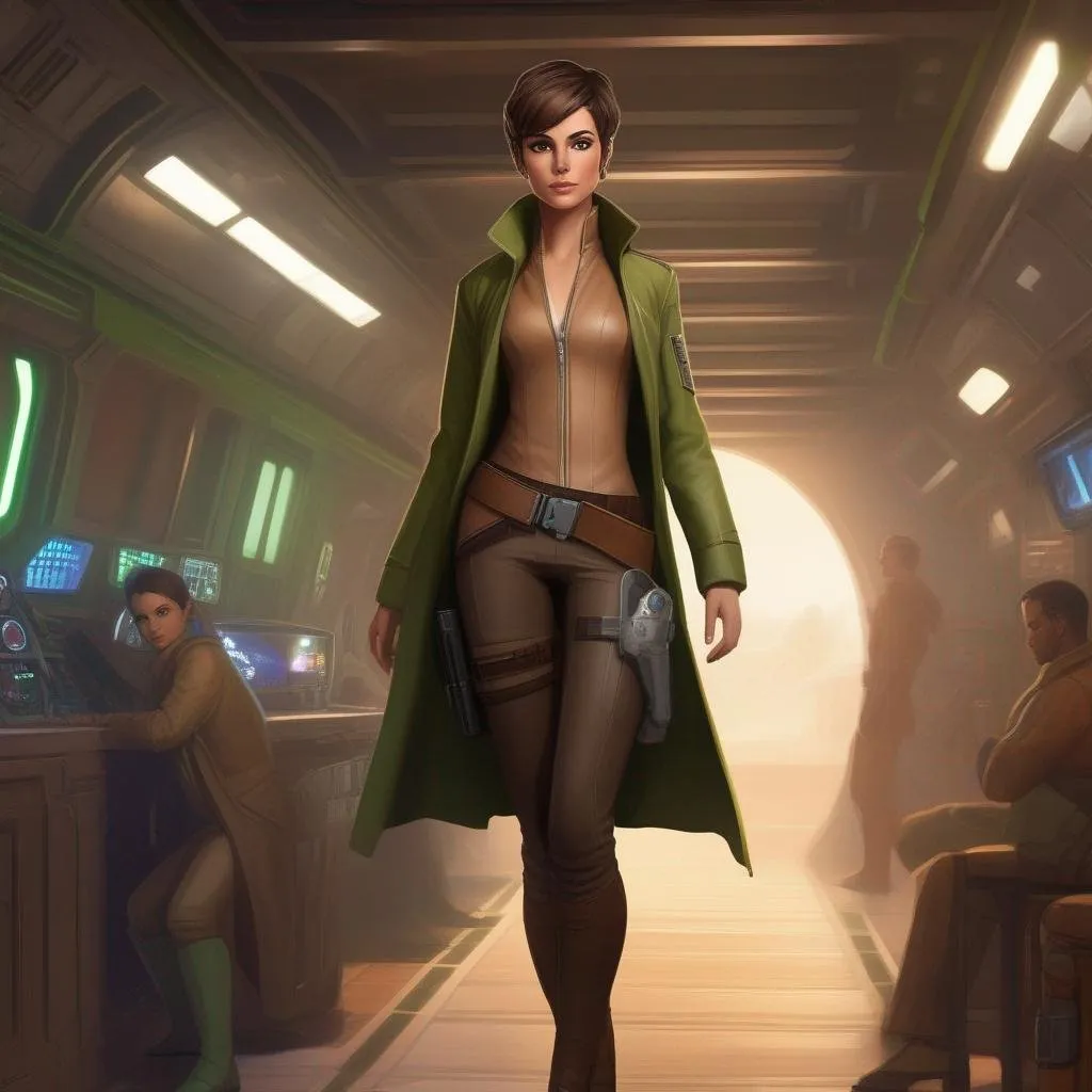 Prompt: From distance. Whole body, full figure. A young female smuggler with deep brown hair, very short pixie undercut. She wears a brown pilot coat and has a holster on her right leg. huge long hoocked aquiline grecian nose, green eyes. In background a noisy scifi cantina. soft feminine body features. Smooth skin, detailed, well drawn face. Rpg art. 2d art. 2d.