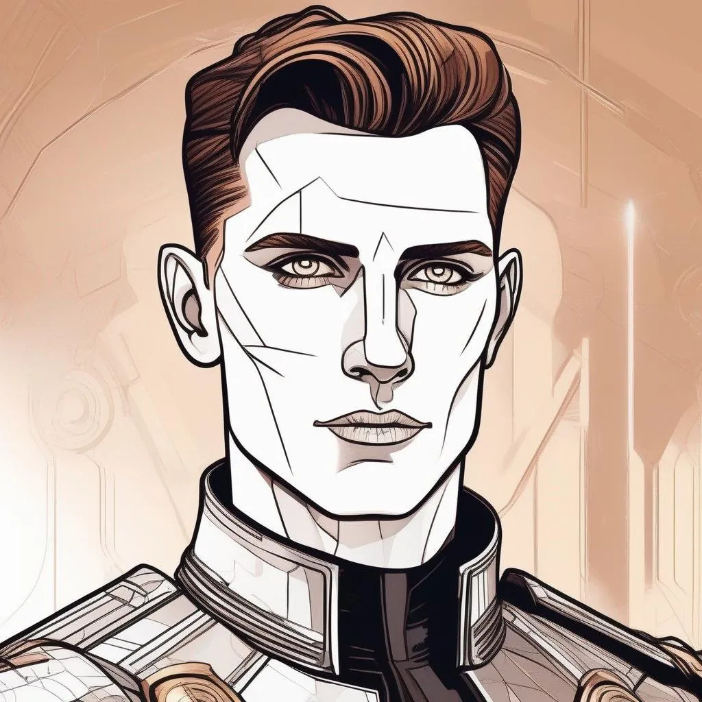 Prompt: A masculine scifi european cyborg soldier. very short bright brown slicked back pompadour undercut hair with shawed sides and light chestnut highlights, round face, broad cheeks, glowing eyes, scarred face, wearing a black retro futuristic leather jackett with armour underneath, Star wars art. 2d art. 2d. well draw face. detailed.