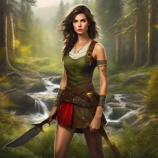 Prompt: fantasy book cover, a brown haired pale irish skinny woman with short wavy messy hair, archer, tall and willowy and pretty, soft freckles, huntress, rogue, big large brown eyes, anorexic, wild, tribal, tattooed, intricate red apron, yellow ragged and ripped and torn catsuit, iron palace gray metal, landscape beautiful pine forest, Carne Griffiths, Michael Garmash, Frank Frazetta, Castle Background, Victo Ngai, Detailed, Vibrant, Sharp Focus, Character Design, Wlop, Kuvshinov, Character Design, TXAA, 32k, Highly Detailed, Dynamic Pose, Intricate Motifs, Organic Tracery, Perfect Composition, Digital Painting, Artstation, Smooth, Sharp Focus, Illustration, hyperdetailed, greg rutkowski