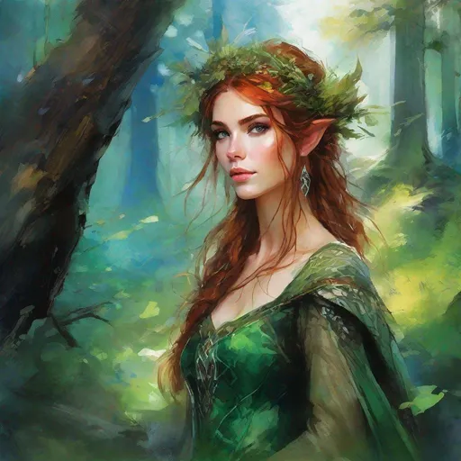 Prompt: fantasy book cover, a bright chesnut haired elven princess with dark auburn streaks in her very short messy wavy bob haircut, elf fae, tall and willowy and pretty, soft freckles, big large green eyes, pointed ears, intricate blue and green gown, pointy elvish ears, iron palace gray metal, landscape beautiful pine forest, Carne Griffiths, Michael Garmash, Frank Frazetta, Castle Background, Victo Ngai, Detailed, Vibrant, Sharp Focus, Character Design, Wlop, Kuvshinov, Character Design, TXAA, 32k, Highly Detailed, Dynamic Pose, Intricate Motifs, Organic Tracery, Perfect Composition, Digital Painting, Artstation, Smooth, Sharp Focus, Illustration, hyperdetailed, greg rutkowski