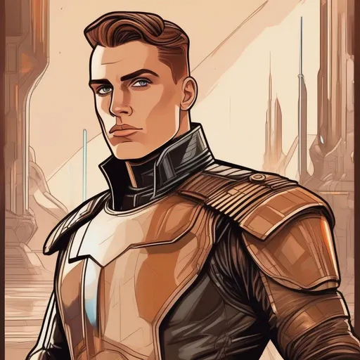 Prompt: A masculine scifi european cyborg soldier. very short bright brown slicked back pompadour undercut hair with shawed sides and light chestnut highlights, round face, broad cheeks, glowing eyes, scarred face, wearing a black retro futuristic leather jackett with armour underneath, Star wars art. 2d art. 2d. well draw face. detailed.