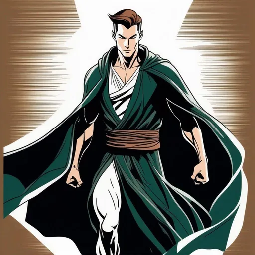 Prompt: Silk screen comic book illustration, a dynamic waist up drawing of an athletic, adult slender muscular male mage in movement, wearing a dark green wizars robe with a cape, loincloth, white shirt underneath, very short extremely deep dark brown slicked back pompadour undercut with dark ginger highlights and shaved sides, very bright and pale milky skin.  Well drawn face, detailed face,  1960s Soviet retrofuturism, 