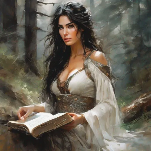 Prompt: fantasy book cover, a black haired pale gipsy buxom woman with long wavy messy hair, which, tall and willowy and pretty, soft freckles, priestess, mother, big large brown eyes, pregnant, enchantress, intricate brown and white dress, wearing old attire, iron palace gray metal, landscape beautiful pine forest, Carne Griffiths, Michael Garmash, Frank Frazetta, Castle Background, Victo Ngai, Detailed, Vibrant, Sharp Focus, Character Design, Wlop, Kuvshinov, Character Design, TXAA, 32k, Highly Detailed, Dynamic Pose, Intricate Motifs, Organic Tracery, Perfect Composition, Digital Painting, Artstation, Smooth, Sharp Focus, Illustration, hyperdetailed, greg rutkowski