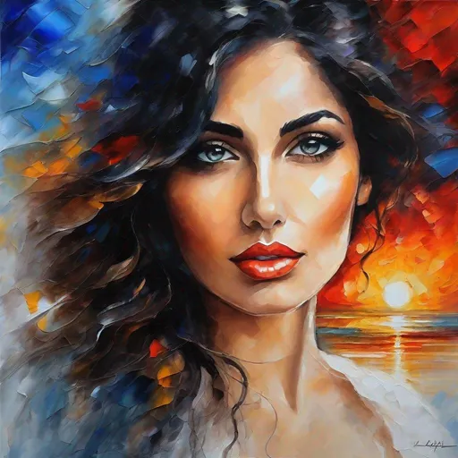 Prompt: An acrylic ink painting, Collage art, a beautifulbuxom armenian woman at sunset, black long thick wavy hair, round face, big long huge hooked aquiline grecian nose, enormous chest, Montage, By LEONID AFREMOV, [white : red] shades, [organ: blue] tones , ethereal, centered, 16K, HQ, perspective, insanely detailed and intricate, hyper realistic, trending on cgsociet
