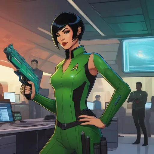 Prompt: a slender woman orion enforcer. green skin. tatoos on shoulders. She aims with a phaser gun. short black hair, sneaky behavior. face implants, In background a scifi office. Star trek art. Rpg art. anime art. 2d. 2d art.