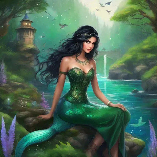 Prompt: fantasy book cover, a buxom jet black haired mermaid princess with brown highlights in her very short messy wavy bob hair, mermaid fae, tall and willowy and pretty, soft freckles, big large green eyes, pointed ears, intricate blue and green gown, pointy ears, iron palace gray metal, landscape beautiful pine forest, sit on sone, fishlail, Carne Griffiths, Michael Garmash, Frank Frazetta, Castle Background, Victo Ngai, Detailed, Vibrant, Sharp Focus, Character Design, Wlop, Kuvshinov, Character Design, TXAA, 32k, Highly Detailed, Dynamic Pose, Intricate Motifs, Organic Tracery, Perfect Composition, Digital Painting, Artstation, Smooth, Sharp Focus, Illustration, hyperdetailed, greg rutkowski