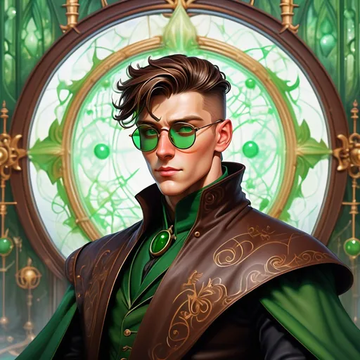 Prompt: a dynamic full body portrait of an irish adult beautiful handsome brown haired man, very short slicked back pompadour undercut with shaved sides and chestnut wisps, wearing a dark brown sorcerer mantle and round glasses, green mirror shades with emerald lenses round face, broad cheeks, dressed, muscular, intricate, sharp focus, in the style of Ivan Bilibin, Ernst Haeckel, Daniel Merriam, watercolor and ink