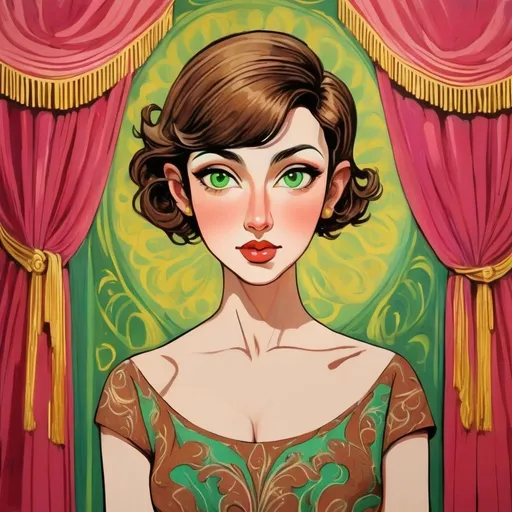 Prompt:  vaudeville imperatrice, neo-fauvist screenprint. Beautiful, extremely detailed emale with huge big long hooked aquiline arabian nose, round face, broad cheeks, green eyes, very short brown wavy pixie undercut hair, 