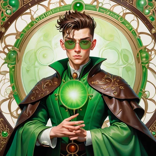 Prompt: a dynamic full body portrait of an irish adult beautiful handsome brown haired man, very short slicked back pompadour undercut with shaved sides and chestnut wisps, wearing a dark brown sorcerer mantle and round glasses, green mirror shades with emerald lenses round face, broad cheeks, dressed, muscular, intricate, sharp focus, in the style of Ivan Bilibin, Ernst Haeckel, Daniel Merriam, watercolor and ink