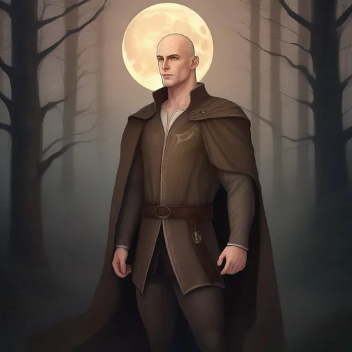 Prompt: highest quality anime art masterpiece, digital drawing, muscular caucasian bald male sorcerer wearing mantle, with freckles and balding hairless scalp:vistani, melancholic, in a forest on a dark foggy night, big sad slant brown eyes, pale milky skin:2, waxing moon, round shaven face, broad cheeks, ethereal, trimmed face, highres, realistic, highly detailed, fantasy, european, irish, D&D, Ravenloft, by Ilya Kuvshinov