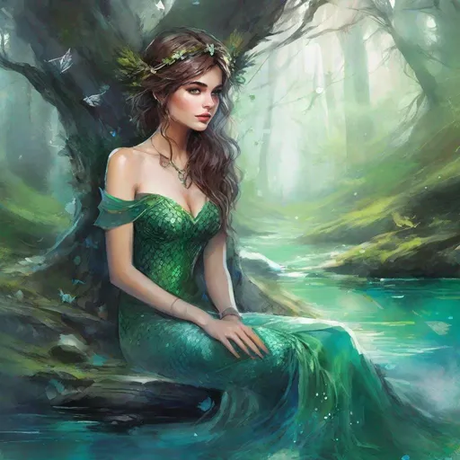 Prompt: fantasy book cover, a dark chesnut haired mermaid princess with brown highlights in her very short messy wavy bob hair, mermaid fae, tall and willowy and pretty, soft freckles, big large green eyes, pointed ears, intricate blue and green gown, pointy ears, iron palace gray metal, landscape beautiful pine forest, sit on sone, fishlail, Carne Griffiths, Michael Garmash, Frank Frazetta, Castle Background, Victo Ngai, Detailed, Vibrant, Sharp Focus, Character Design, Wlop, Kuvshinov, Character Design, TXAA, 32k, Highly Detailed, Dynamic Pose, Intricate Motifs, Organic Tracery, Perfect Composition, Digital Painting, Artstation, Smooth, Sharp Focus, Illustration, hyperdetailed, greg rutkowski