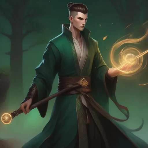 Prompt: A tall huge slender male mage in dark green robes with glyphs, with very short extremely deep dark brown slicked back pompadour undercut with dark ginger highlights and shaved sides, very pale milky skin. He fights with a magic staff and attaks with magic spells, potions on his belt, soft feminine body features. Smooth skin, detailed, well drawn face. Rpg art. 2d art. 2d.