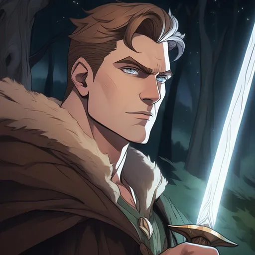 Prompt: close up, highest quality anime art masterpiece, digital drawing, tall muscular bulky caucasian male sorcerer with a staff wearing mantle, with freckles very short brown slicked back pompadour undercut hair with shaved sides:vistani, melancholic, in a forest on a dark foggy night, big sad slant brown eyes, pale milky skin:2, waxing moon, round shaven face, broad cheeks, ethereal, trimmed face, highres, realistic, highly detailed, fantasy, european, irish, D&D, Ravenloft, by Ilya Kuvshinov