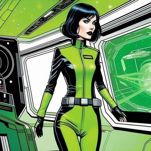 Prompt: detailed green skinned character portrait, full body portrait of a green skin petite slim female with short black messy wavy bob cut and green skin, green woman retro futuristic starship officer, black futuristic leather jackett, girlwith green skin color, on smoky background, docking station, inside of a spaceship, Marvel comics art, (comic art), 2d art. (2d), DC comics art. Well drawn faces, detailed faces.