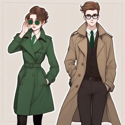 Prompt: full body shot shot of a young {man} with moderate length brown pompadour hair and pale skin, wearing a dark brown trench jacket and white collared shirt with a plack tie, black pants and black boots, round glasses, green shades with emerald lenses, handsome; he is hugging a petite woman with very short chestnut pixie undercut and tannedskin. rpg art. Star trek art. 2d art. 2d