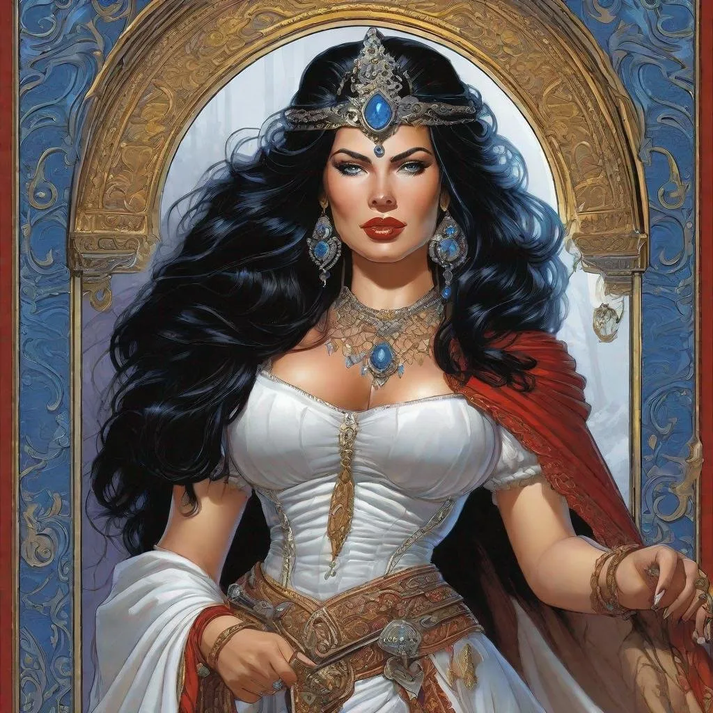 Prompt: A D&D 2e style illustration of a pale mexican female queen, thick thigh, curvy, buxom, pale white milky skin,  snow white vibe, blue eyes, fantasy, DnD, D&D, Pathfinder, style of Vampire, by Clyde Caldwell,