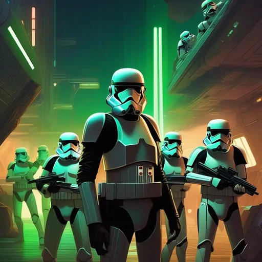 Prompt: a squad of star wars stormtroopers arresting a tall muscled male with brown pompadour undercut, retro futuristic starship captain, green glowing eyes, smirking, black futuristic leather jackett,. In background a scifi slum. Star wars art. rpg. rpg art. 2d art. 2d.