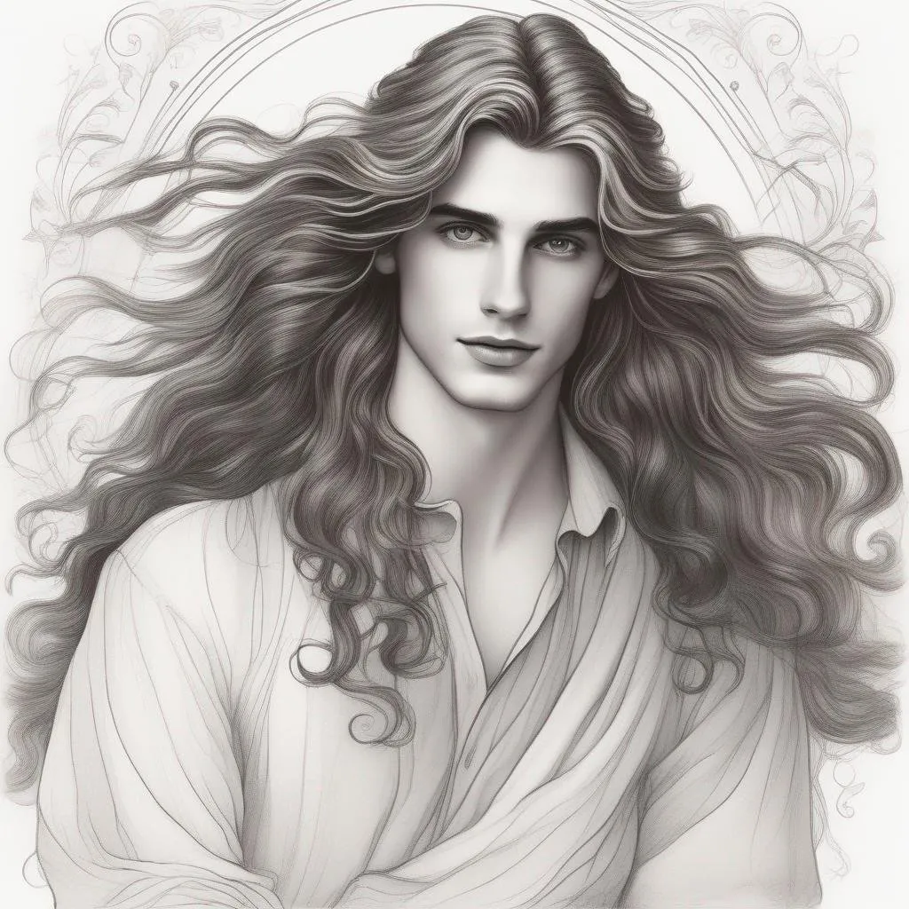 Prompt: Please create an Disney art of a long haired man in style of a drawing using aspects of lore of a beautiful young man with very long brown wavy hair dessed as Cinderella