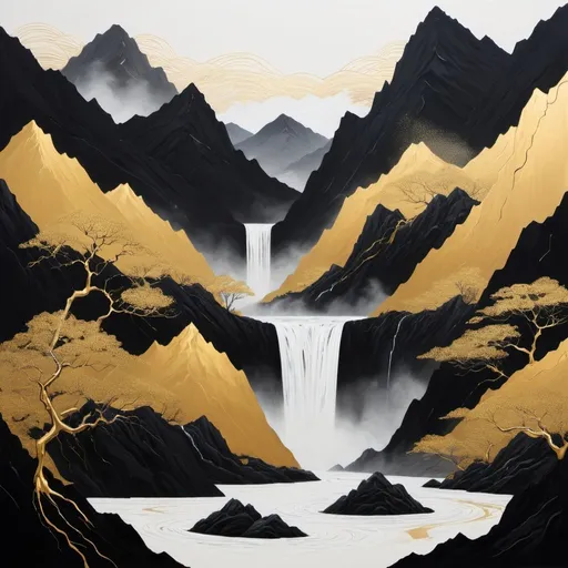 Prompt: a black and gold painting with mountain and a river, Mountains, waterfalls, minimalism, lots of white space, in the style of unique yoka illustration, mulit-panel composition, precisionist art, depictions of inclement weather isolated landscapes