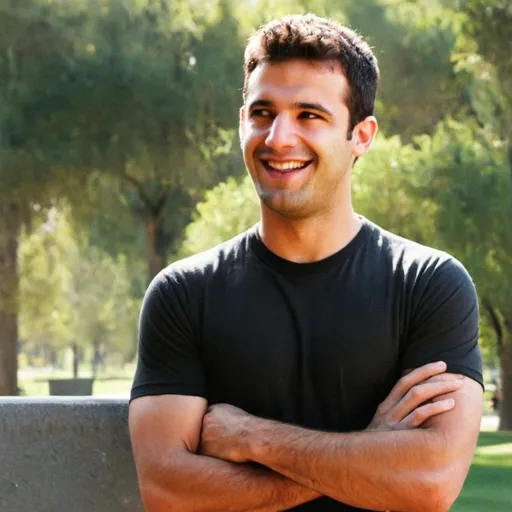 Prompt: Photo-Realistic Profile image of an Italian guy, mid thirties, wearing a dark t shirt outside at the park. 