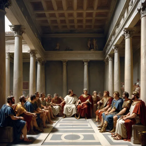 Prompt: kings in a meeting in a roman senate house