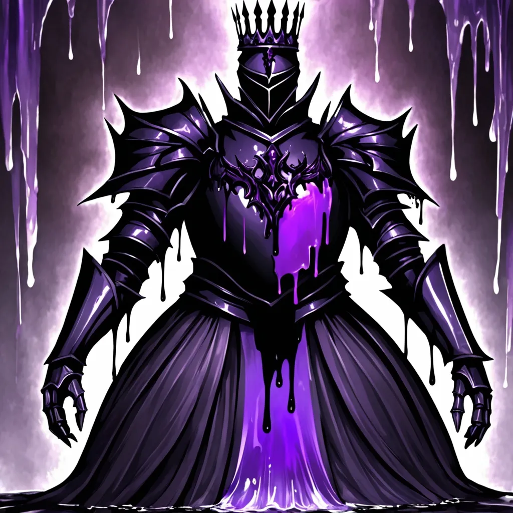 Prompt: menacing purple aura leaking out from the knight with black and purple armor from igris and igris like knight with black liquid dripping from him. Make him more black and cooler like a monarch. Make him blacker and igris like armor with no crown and thinner body and more black liquid dropping out.make him stronger