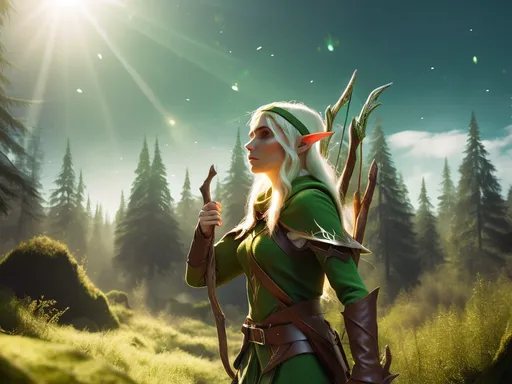 Prompt: Elf ranger in a mystical forest around sunlight