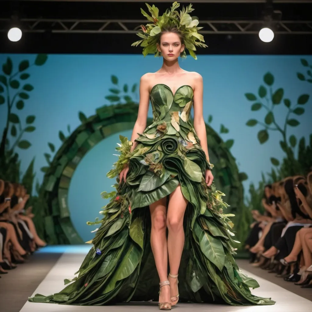 Prompt: fashion show dress with recycled materials with nature