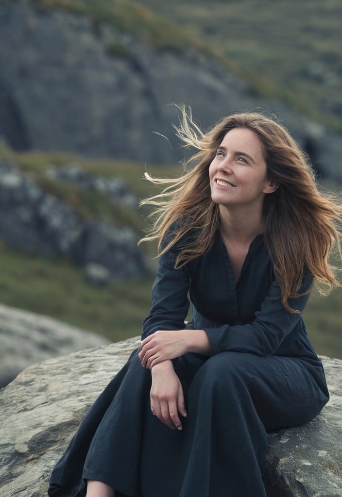 Prompt: a woman sitting on a rock with her hair blowing in the wind and looking off into the distance with a smile, Charlotte Harding, les automatistes, promotional image, a character portrait